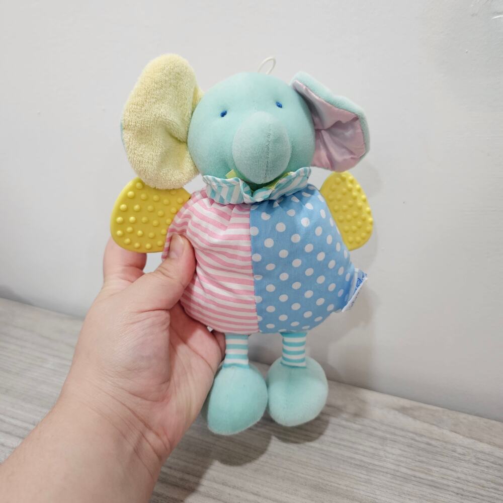 Eden Vintage Pastel Elephant Baby Plush Toy Rattle Crinkle Ears Teether Arm Blue